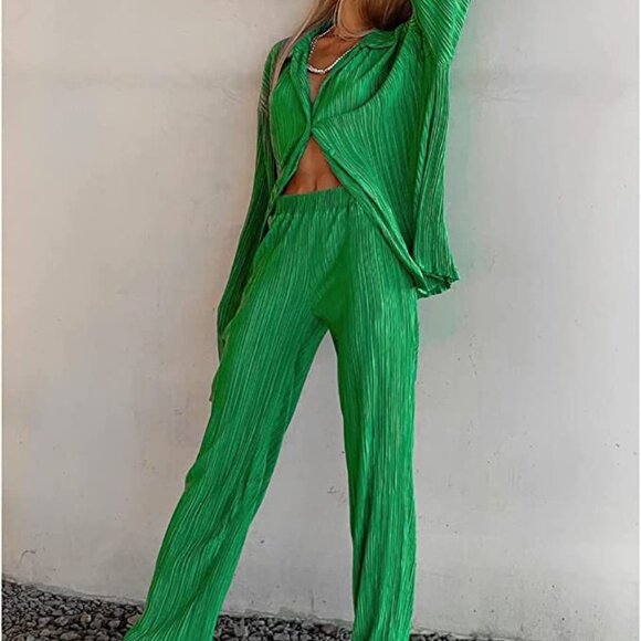 Casual 2 Piece Outfits - Long Sleeve Button Blouse Top Wide Leg Loose Streetwear